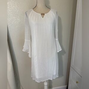 Indigo Rose Shift Dress with White Bell Sleeve Crochet Lined Boho